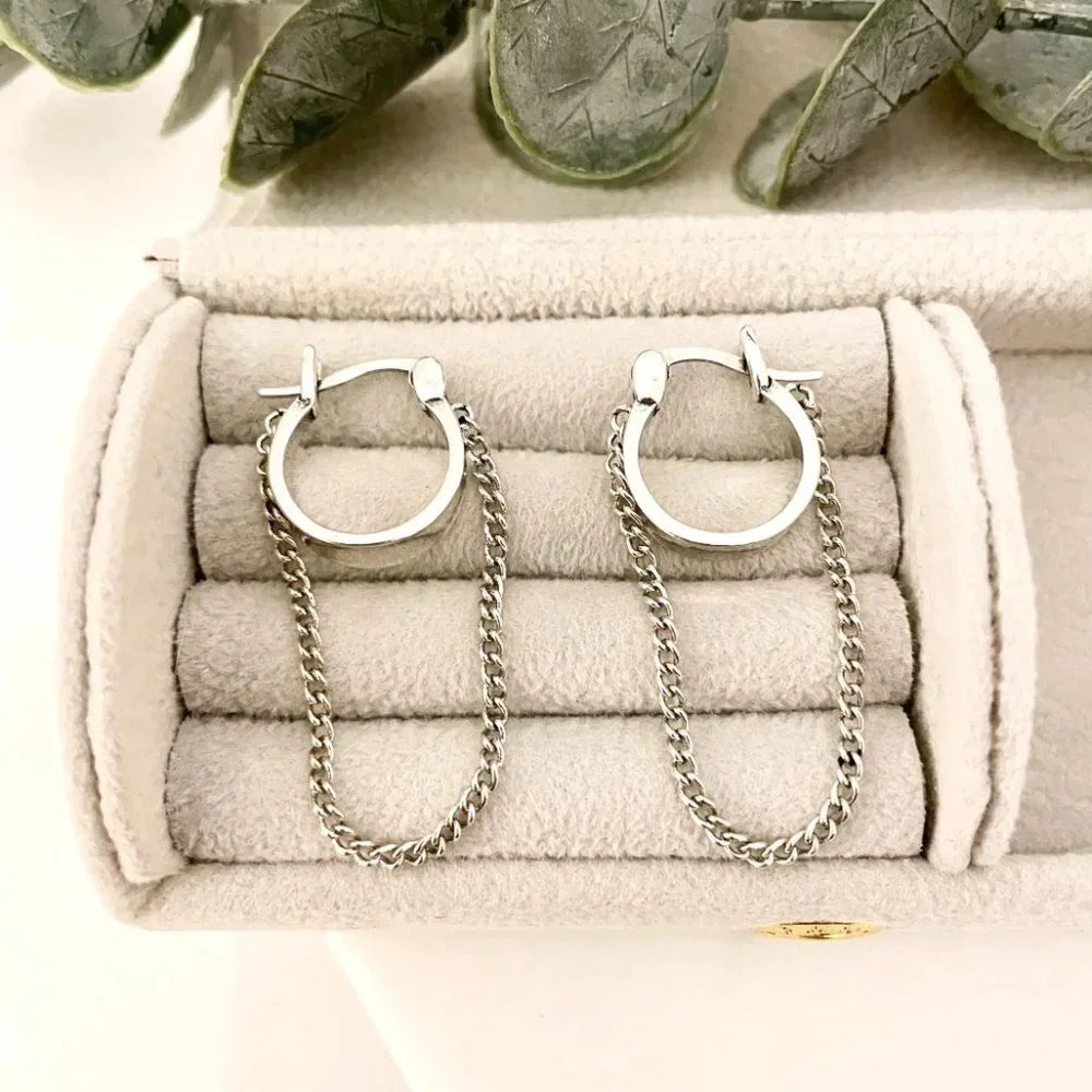 925 Sterling Silver Dangle Chain Hoop Earrings Small Silver Hoops Modern Hoops - Picture 4 of 4